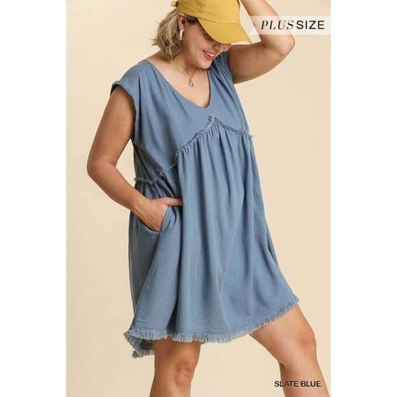 Umgee Plus Size Milk Tea V-Neck Short Folded Sleeve Ruffle Trimmed Pocket Dress - Picture 5 of 12